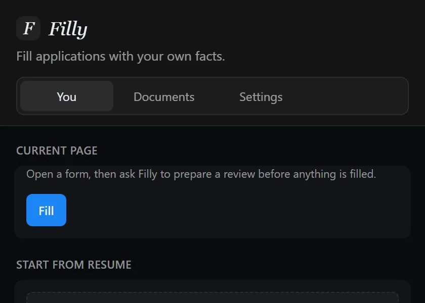Filly extension popup with Fill action and resume upload