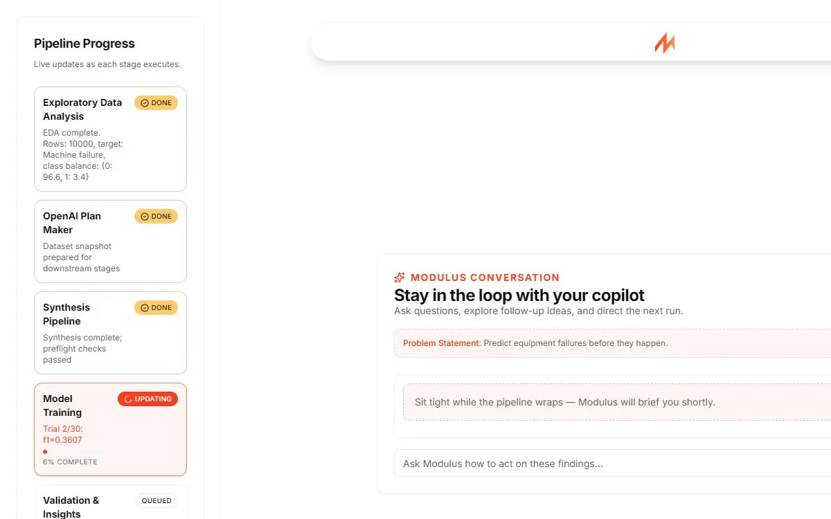 Modulus pipeline progress showing each agent stage updating live
