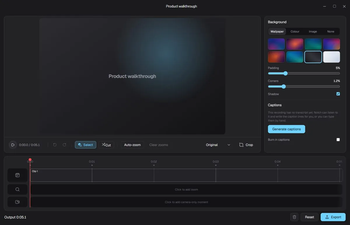 Notch video editor with timeline, auto-zoom, and captions
