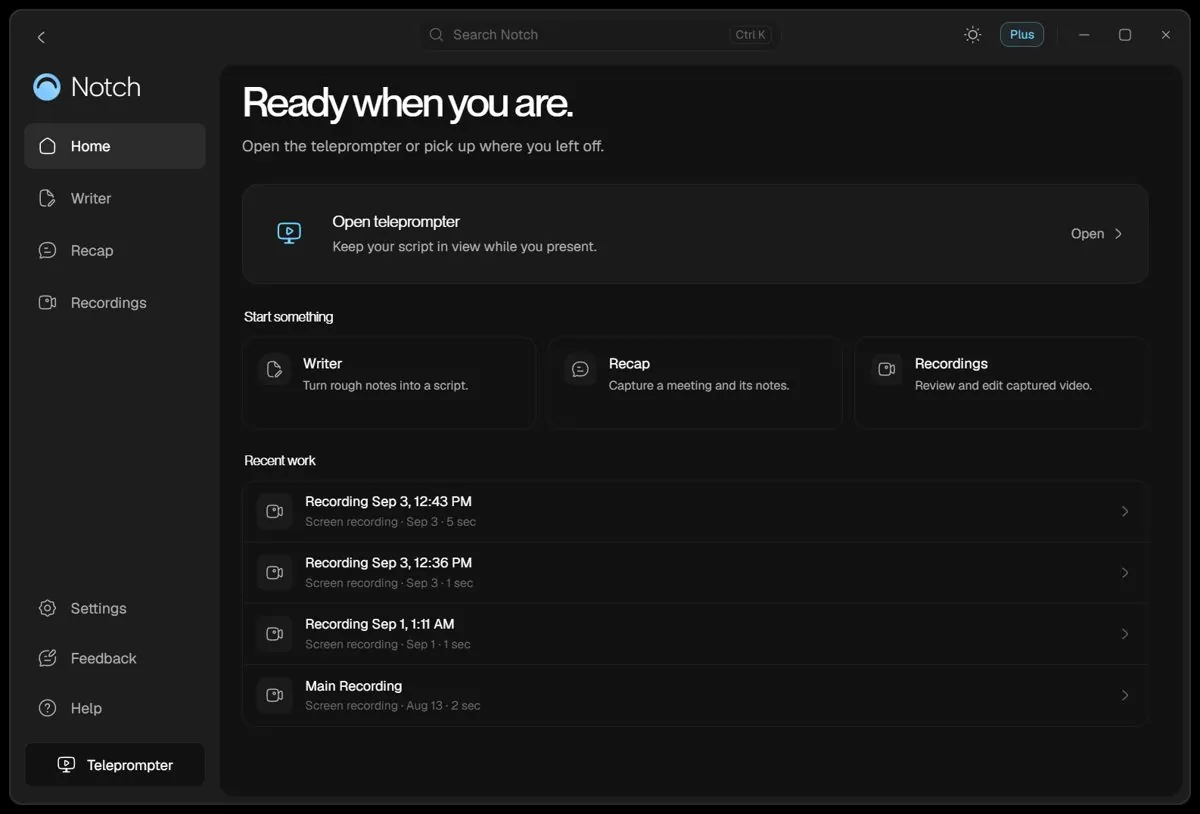 Notch home screen with teleprompter, writer, recap, and recordings