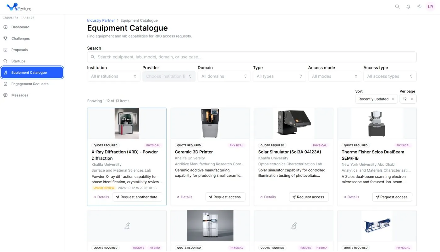 UVenture equipment catalogue for industry partners