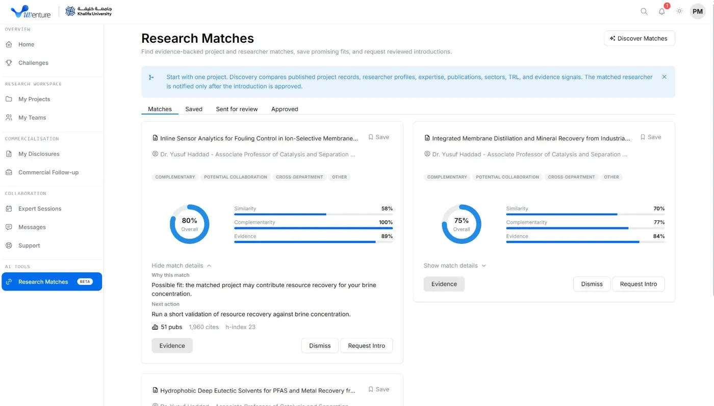 UVenture research matches with similarity, complementarity, and evidence scores